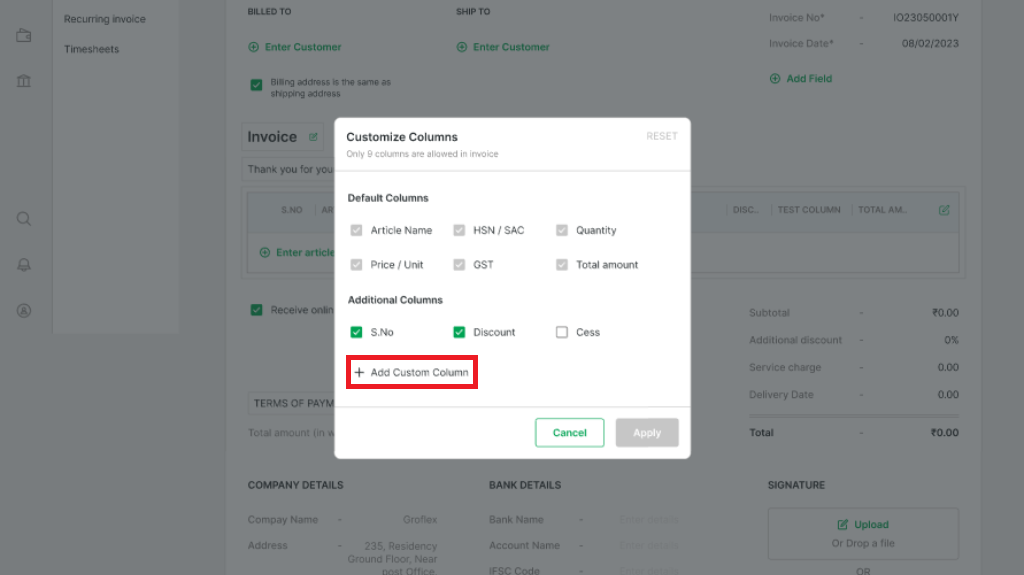 How to Customize Invoice's Column for Articles