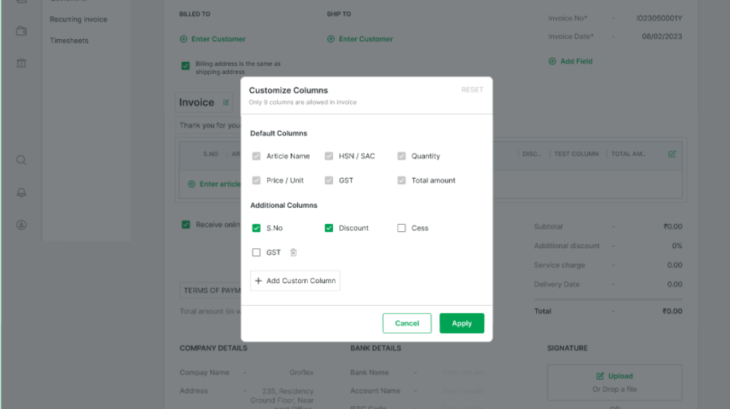 HOW TO CUSTOMIZE INVOICE’S COLUMN FOR ARTICLES