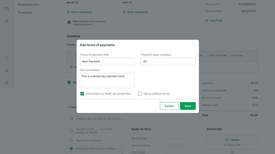 how to add terms of payments for invoices