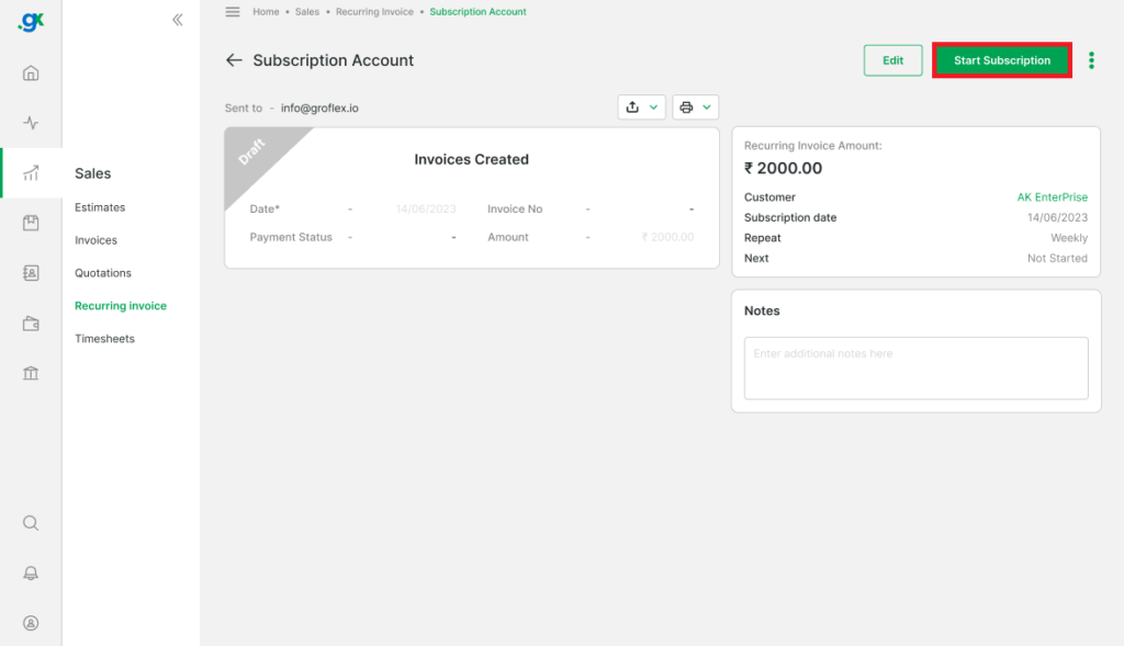 How to Start a Subscription for a Recurring Invoice